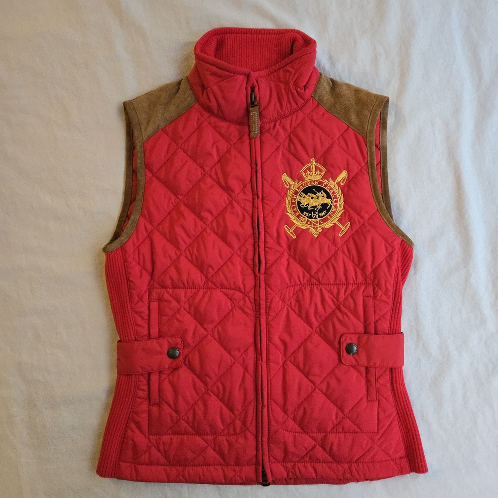 Polo Ralph Lauren Red Equestrian Quilted Vest Suede Trim Embroidered Crest